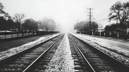 Fototapeta premium tracks leading into fog with decaying surroundings