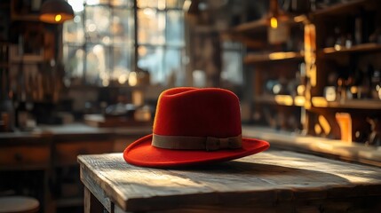 A striking red fedora hat sits gracefully on a wooden table, illuminated by warm sunlight in a studio.