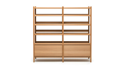 A wooden shelf with a white background