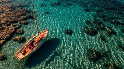 Fototapeta premium Serene Sailing Boat Anchored in Crystal Clear Turquoise Waters