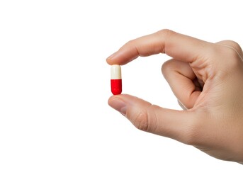 A hand holding a red and white capsule pill against a plain white background in a studio shot