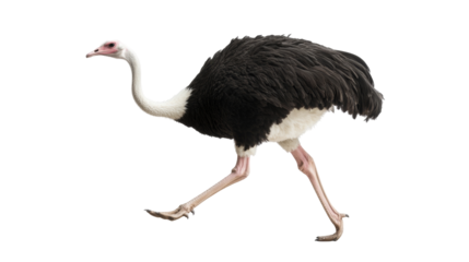 Ostrich in side view showing distinctive long legs and black feathers in motion