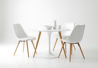 A minimalist dining set featuring a round white table and chairs in a bright white room setting