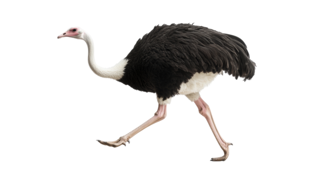 Ostrich in side view showing distinctive long legs and black feathers in motion