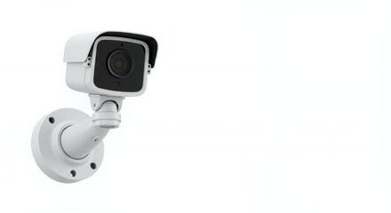 Close-up of a modern white security camera mounted on a wall, showcasing surveillance technology for home or business safety and protection. copy space for text
