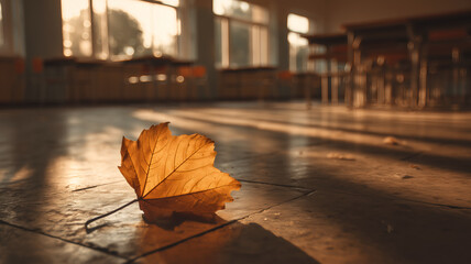 Fallen leaf resting on an empty classroom floor bathed in warm sunlight, evoking a sense of transition and quiet solitude.