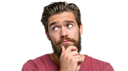 Thoughtful contemplation: A bearded man in a red shirt, head and shoulder shot, engages in deep thought, gazing thoughtfully with a furrowed brow, exuding contemplation and decision-making.