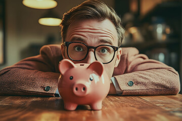 Close-up view of a man looking intently at a piggy bank.