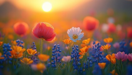Fototapeta premium Sunset over vibrant wildflowers, idyllic meadow scene
