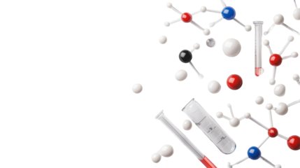 Various molecules and test tube for educational science and chemistry studies