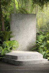 Concrete Podium Showcase in Lush Jungle Setting Product Display Tropical Backdrop Natural Light Vertical Mockup
