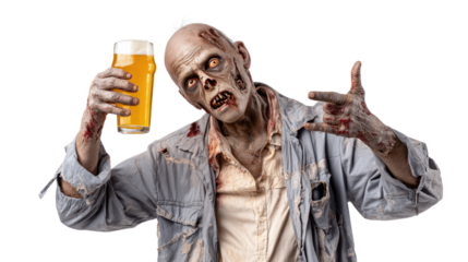 Zombie with Beer: A chilling visual featuring a terrifying zombie, clutching a beer. A striking portrait of a creature of the night, brought to life in a vivid and captivating way.