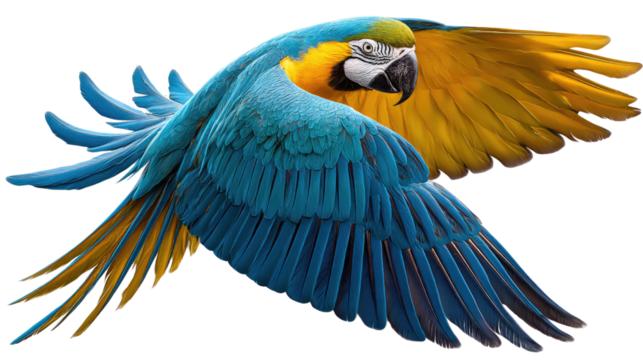 Blue and Gold Macaw in Flight: A vibrant blue and gold macaw spreads its wings in mid-flight, its feathers shimmering with a brilliant palette of colors against a clean, white background.