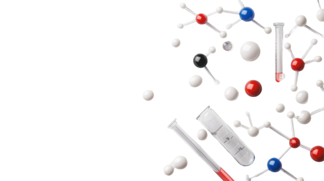 Various molecules and test tube for educational science and chemistry studies