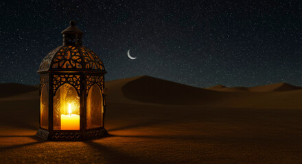 Glowing Lantern in Desert Night Starry Sky Ramadan Islam