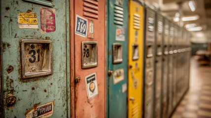 Row of colorful metal lockers with peeling stickers, offering a nostalgic glimpse into the past. School days, storage and organization.