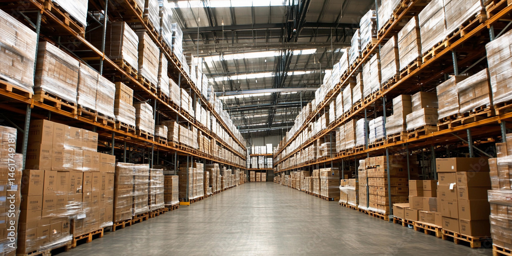 Poster large distribution warehouse with organized storage space generative ai