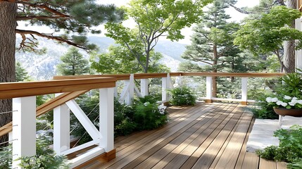 Obraz premium Serene Mountain View Deck Wooden Decking White Railings Cable Railing Lush Greenery