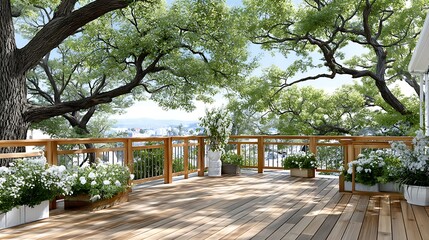 Serene Wooden Deck with White Flowers Lush Greenery and Panoramic View