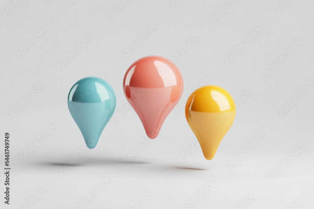 Poster colorful pins floating on a white background generative ai