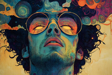 Psychedelic portrait of a man with vibrant colors.