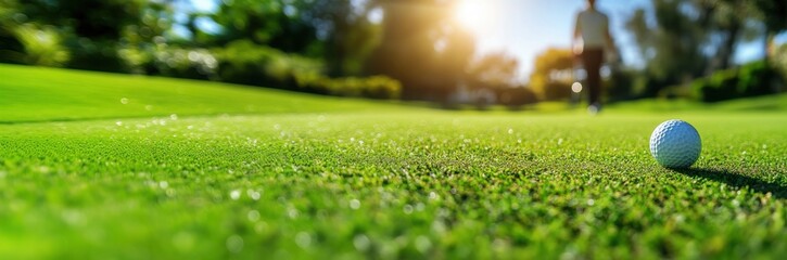 Naklejka premium Close up of a golf ball and club resting on vibrant green grass during a sunny day on the golf course
