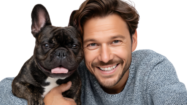 Smiling Man with French Bulldog: A happy man beams at the camera, cuddling his adorable brindle French Bulldog. Their shared joy and companionship create a heartwarming scene.