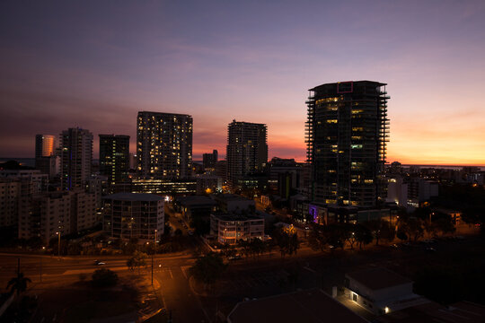 Darwin city highrise buildings at dusk