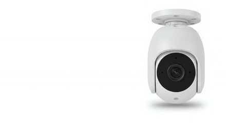 Modern white security camera isolated on white background, a surveillance device for home or business safety, capturing footage. copy space
