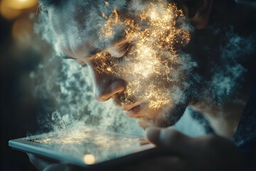 Close-up portrait of a man gazing at a glowing tablet screen.
