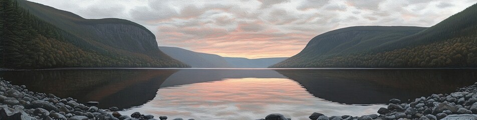 Serene lake nestled between mountain ranges at sunrise. Calm water mirrors a colorful sky. Lush vegetation flanks the shores