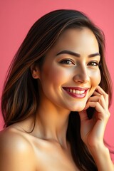 Smiling woman touches her face with long brown hair, set against a solid pink coral background.