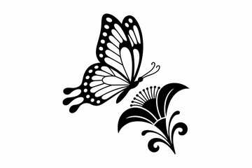 Fototapeta premium Butterfly and Flower Silhouette - Elegant Black and White Vector Illustration