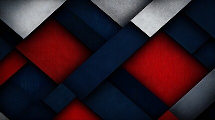 Intricate geometric pattern of overlapping shapes in red, blue, and gray.