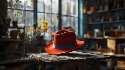 A vibrant red fedora hat rests on a weathered wooden table in a cozy indoor setting with soft light.