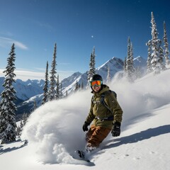 Snowboarder carving through powder snow, sunny mountain landscape AI Generated