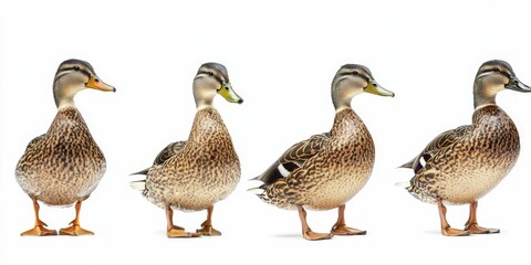 Real ducks standing apart, eye contact, white backdrop, aging texture in feathers.
