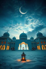 A serene mosque illuminated by a crescent moon, with a warm glow from a lantern at foreground