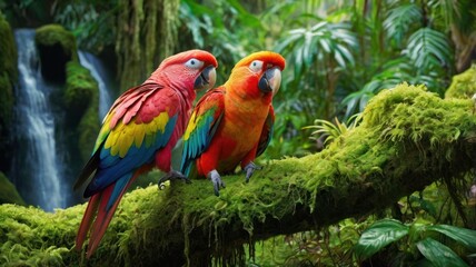 Two vibrant parrots perched on a mossy branch in a lush tropical rainforest, a waterfall cascading gently in the background
