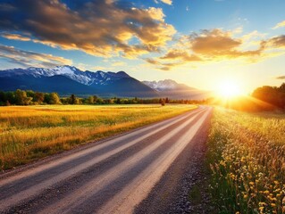 Fototapeta premium Scenic country road leads to snow capped mountains at sunset in rural landscape with golden light and wildflowers