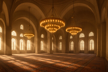 Obraz premium Grand mosque interior architecture islamic design with chandeliers light