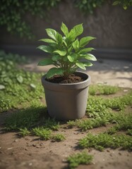 Fototapeta premium Small potted seedling with vibrant green leaves, springtime garden setting , eco, seasonal