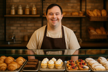 A man with Down syndrome working as a salesman in a pastry shop, smiling