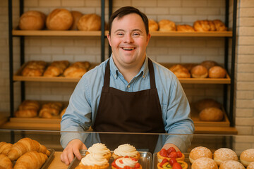 A man with Down syndrome working as a salesman in a pastry shop, smiling