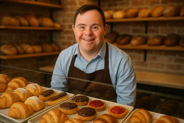 A man with Down syndrome working as a salesman in a pastry shop, smiling
