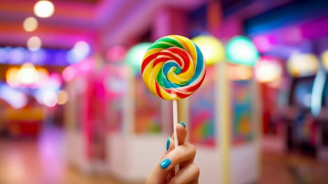 Rainbow Lollipop Held by Young Hand in Colorful Arcade