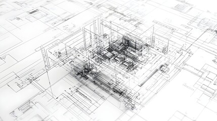Fototapeta premium Intricate architectural design plan on blueprint paper.