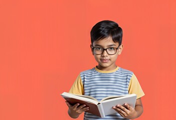 Smart Indian boy with glasses holding a book, isolated on coral background.