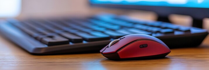 mouse on a desktop next to computer -