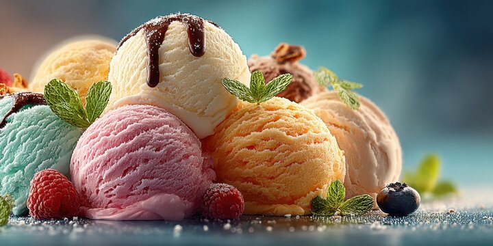 Colorful assortment of ice cream scoops served with fresh fruits and mint leaves in a sweet dessert setting - Powered by Adobe